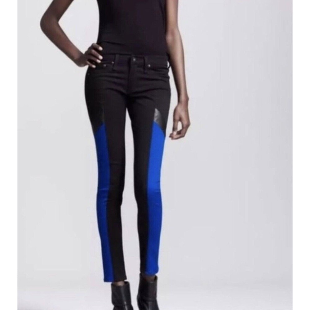Rag & Bone Jeans Women Sz 26 Black Royal Blue Neiman Marcus Pants Lamb Leather